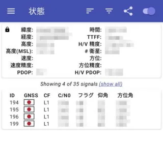 Androidアプリ→GPSTest→みちびき（QZSS）