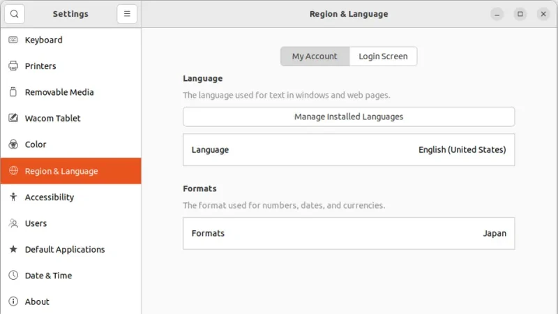 Ubuntu→Settings→Region Language
