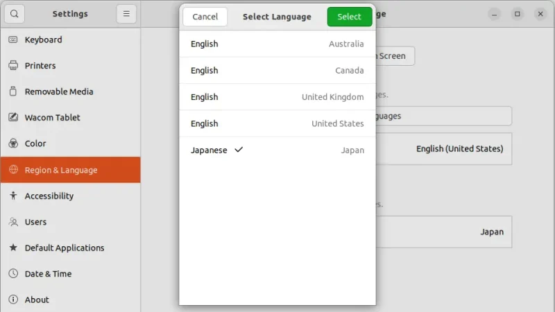 Ubuntu→Settings→Region Language→Select Language
