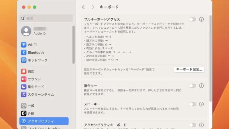Mac→システム設定→アクセシビリティ→キーボード