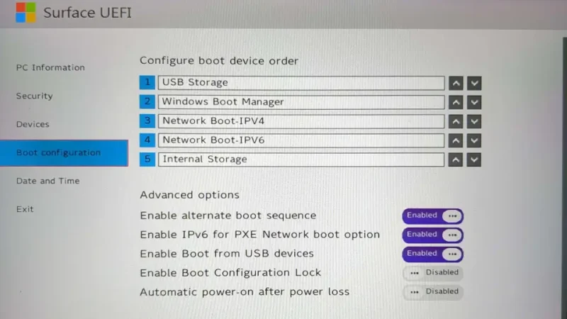 Surface UEFI→Boot configuration