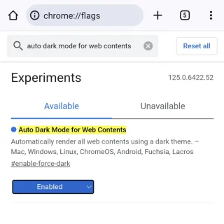 Androidアプリ→Chrome→flags→検索結果→Auto Dark Mode for Web Contents