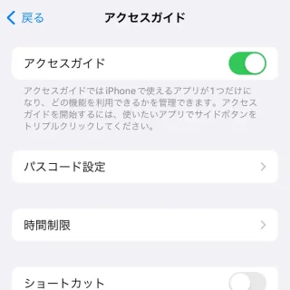 iPhone→設定→アクセシビリティ→アクセスガイド