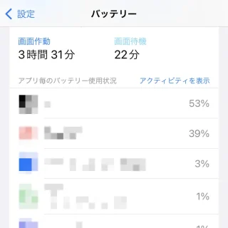 iPhone→設定→バッテリー→アプリ毎のバッテリー使用状況