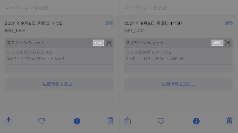 iPhoneアプリ→写真→情報→ファイル形式