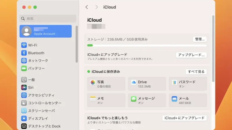 Mac→システム設定→Apple Account→iCloud