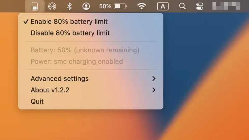 Mac→メニューバー→battery.app