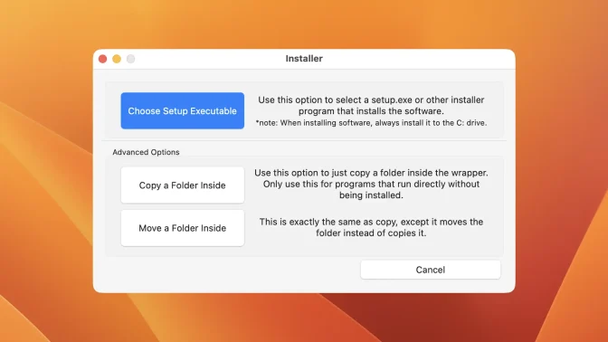 Macアプリ→Sikarugir Creator→.app→Configure→Installer