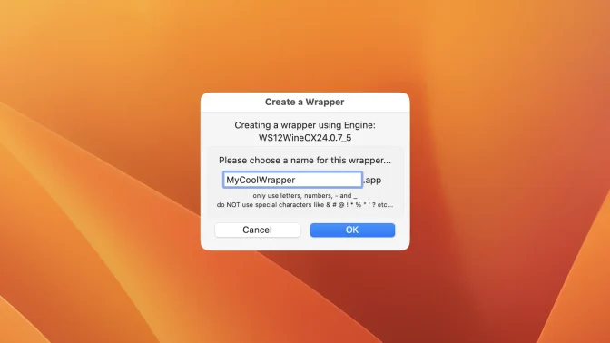 Macアプリ→Sikarugir Creator→Create a Wrapper