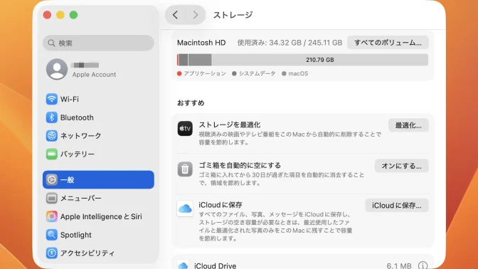 Mac→システム設定→一般→ストレージ