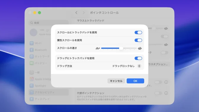 Mac→システム設定→アクセシビリティ→ポインタコントロール→トラックパッドオプション