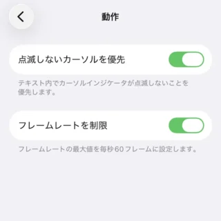 iPhone→設定→アクセシビリティ→動作→フレームレートを制限→オン