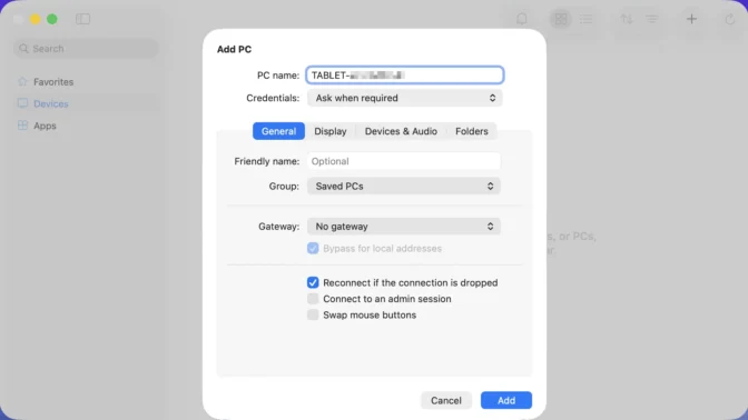 Mac→Windows Appアプリ→Add PC