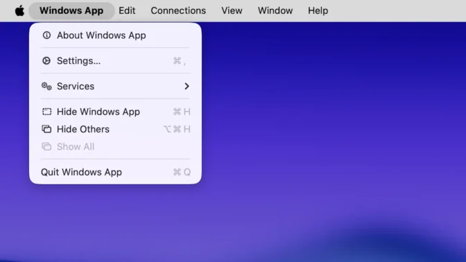 Mac→メニューバー→Windows App