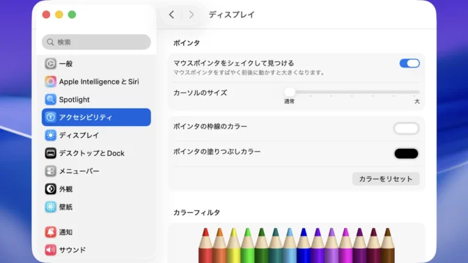 Mac→システム設定→アクセシビリティ→ディスプレイ→ポインタ