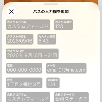 iPhoneアプリ→ウォレット→ウォレットに追加→パスを作成→パス→入力欄→編集→パスの入力欄を追加