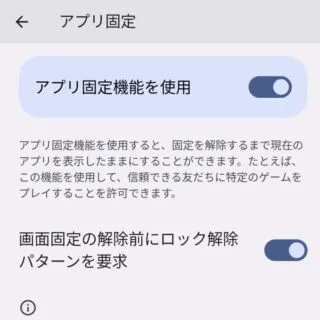 Android 13→設定→セキュリティとプライバシー→セキュリティの詳細設定→アプリ固定