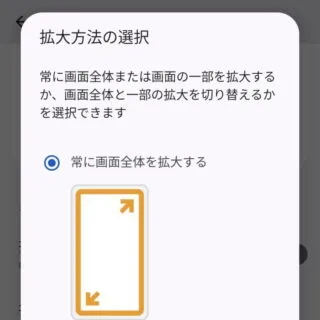Android 12→設定→ユーザー補助→拡大→拡大方法の選択