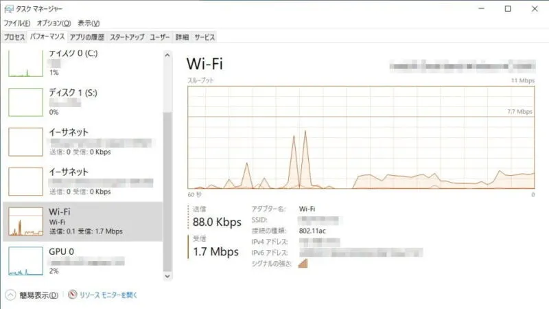 Windows 10→タスクマネージャー→パフォーマンス→Wi-Fi